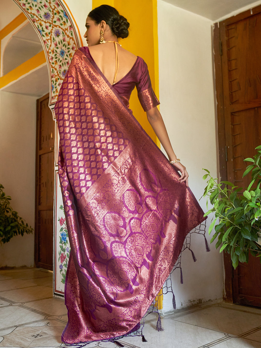 Wine Banarasi Silk Woven Ethnic Motifs Saree with Unstitched Blouse Piece