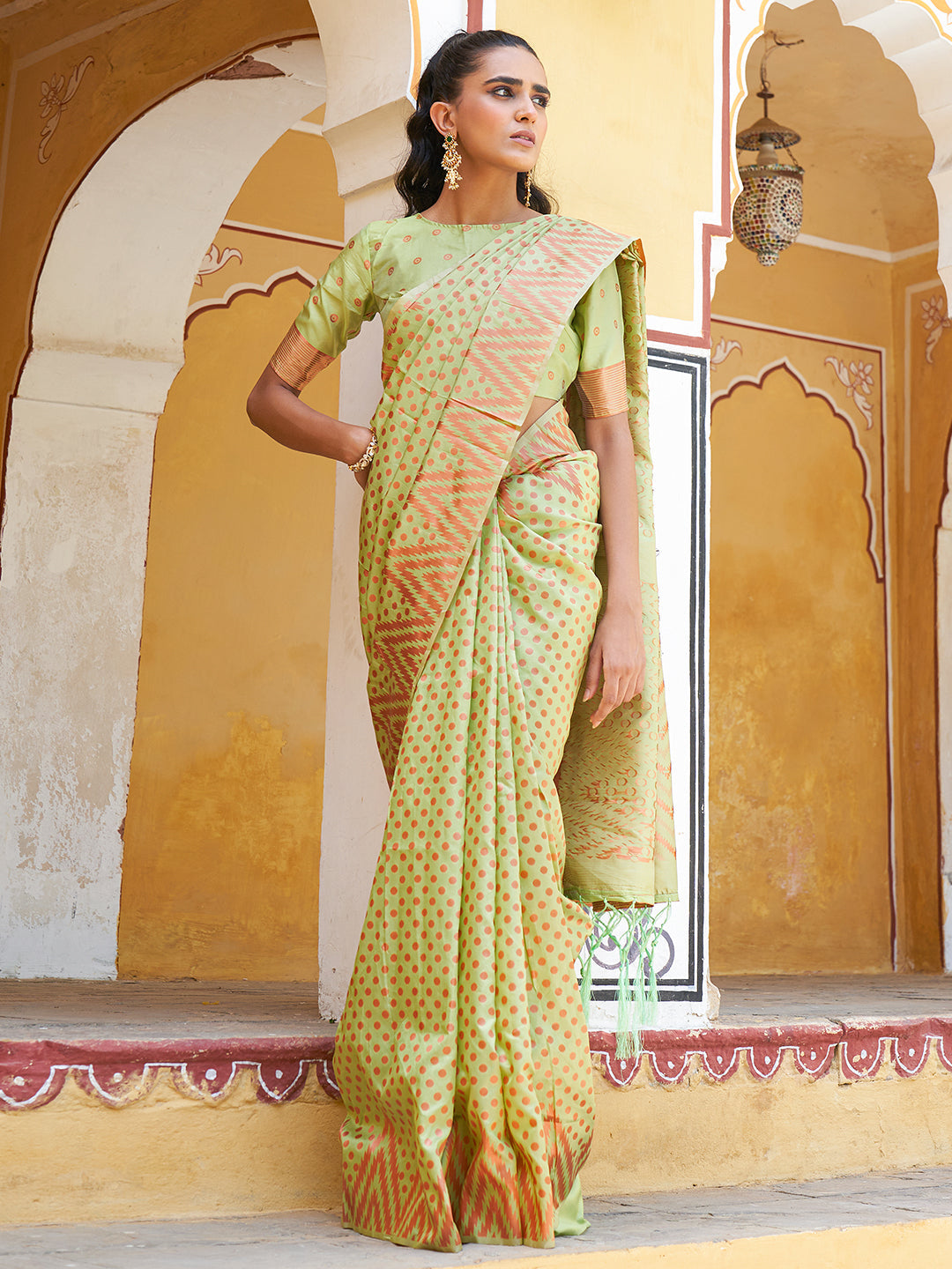 Pista Green Silk Blend Woven Polka Saree with Unstitched Blouse Piece