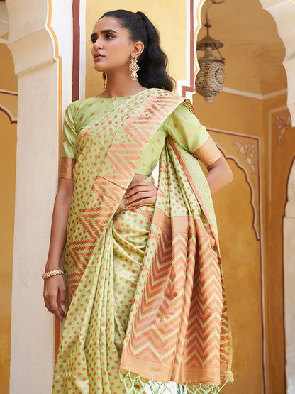 Pista Green Silk Blend Woven Polka Saree with Unstitched Blouse Piece
