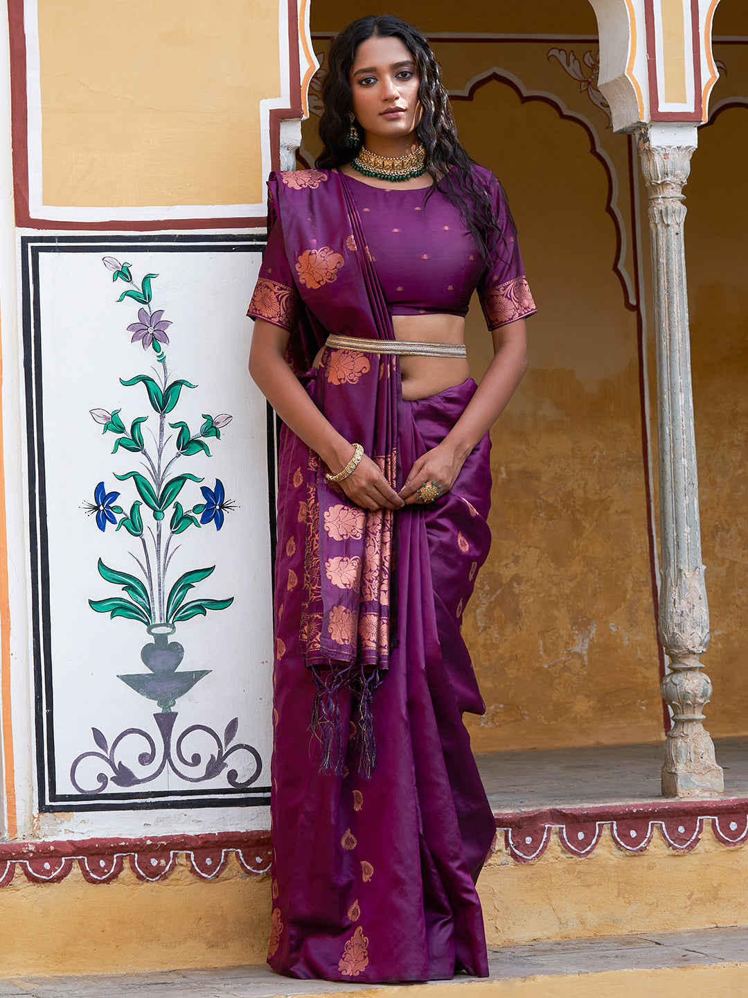 Wine Kanjeevaram Silk Woven Ethnic Motifs Saree with Unstitched Blouse Piece