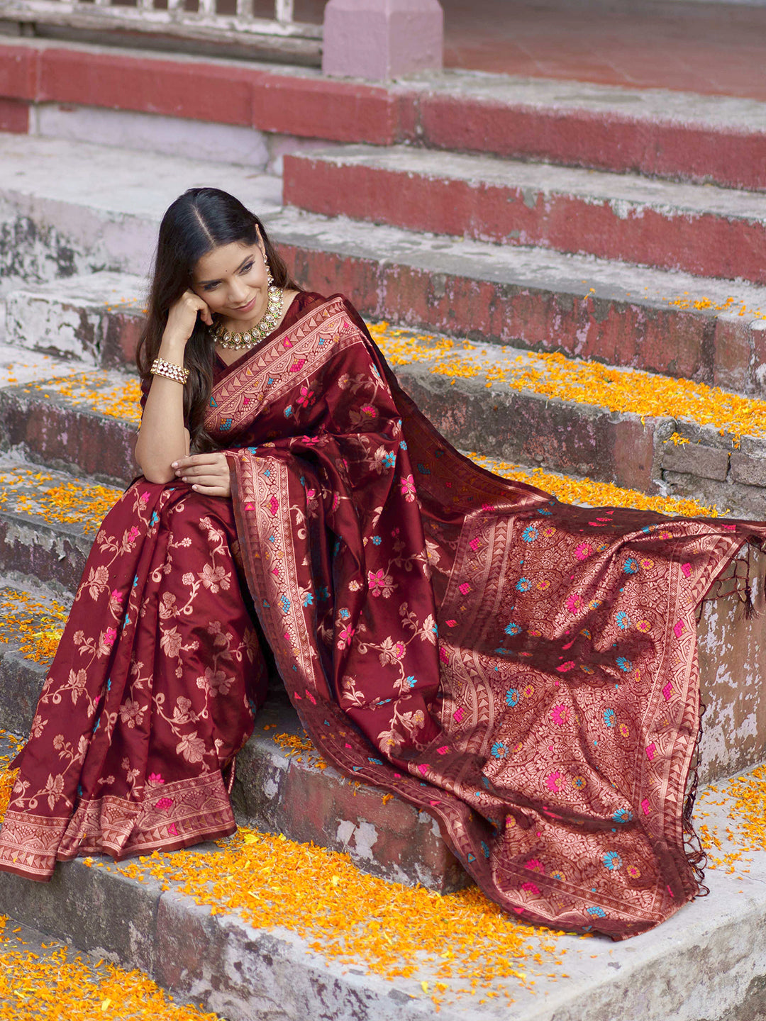 Wine Banarasi Silk Floral Saree with Unstitched Blouse Piece