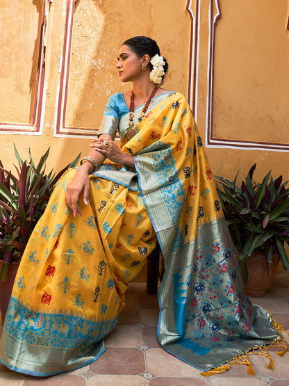 Yellow Cotton Silk Woven Ethnic Motifs Saree with Unstitched Blouse Piece