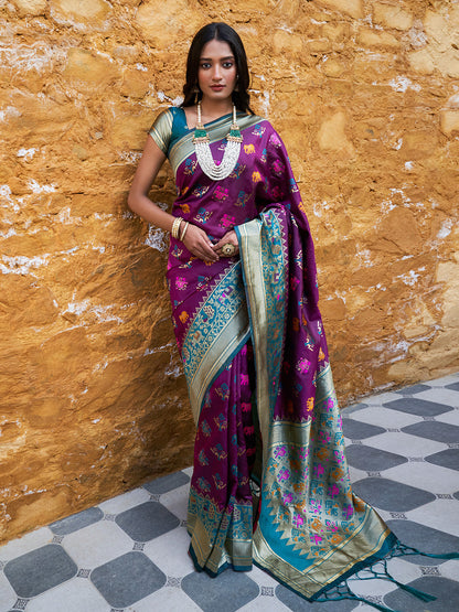 Wine Cotton Silk Woven Ethnic Motifs Saree with Unstitched Blouse Piece