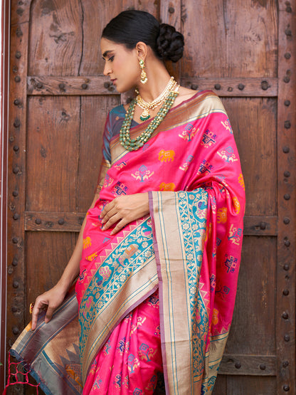 Pink Cotton Silk Woven Ethnic Motifs Saree with Unstitched Blouse Piece