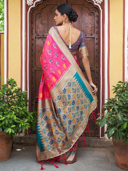 Pink Cotton Silk Woven Ethnic Motifs Saree with Unstitched Blouse Piece