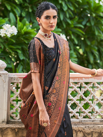 Black Banarasi Silk Woven Floral Design Saree with Unstitched Blouse Piece