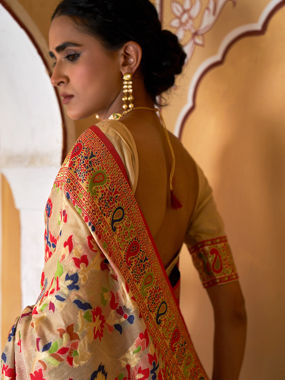 Beige Chanderi Silk Pashmina Saree with Unstitched Blouse Piece