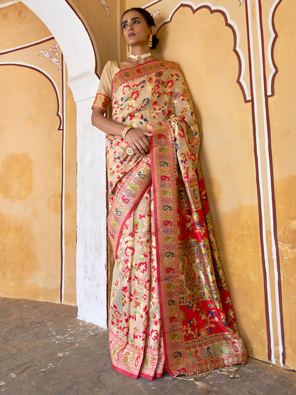 Beige Chanderi Silk Pashmina Saree with Unstitched Blouse Piece