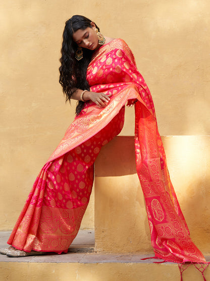 Pink Banarasi Silk Ethnic Motifs Saree with Unstitched Blouse Piece