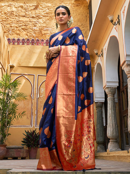 Navy Blue Silk Blend Woven Ethnic Motifs Saree with Unstitched Blouse Piece