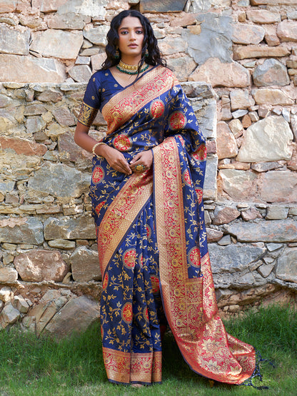 Navy Blue Silk Blend Woven Jaal Motif Saree with Unstitched Blouse Piece