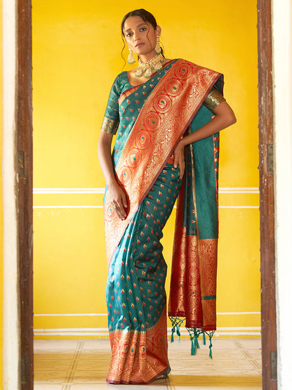 Green Silk Blend Woven Ethnic Motifs Saree with Unstitched Blouse Piece