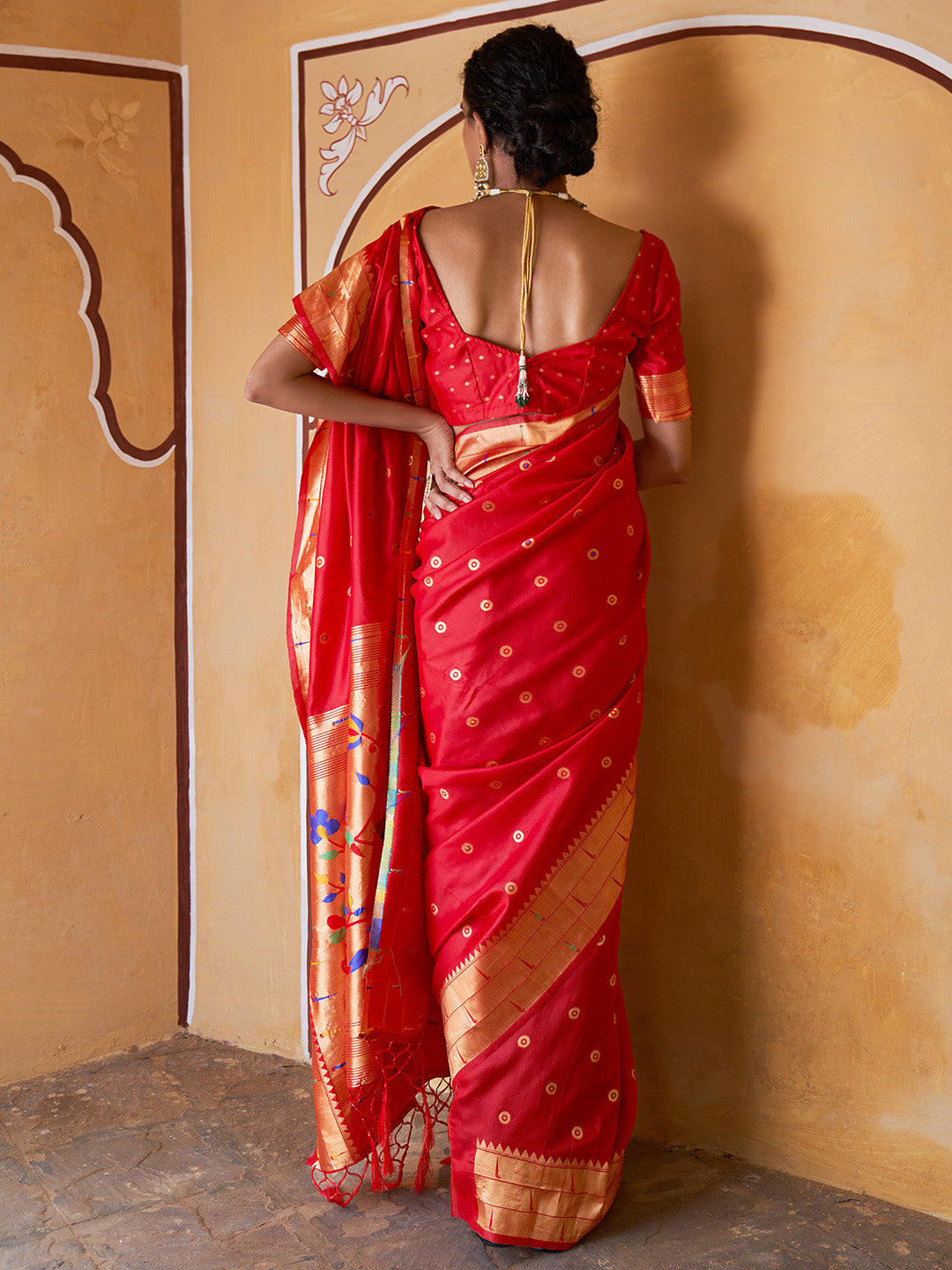 Red Paithani Silk Ethnic Motifs Saree with Unstitched Blouse Piece