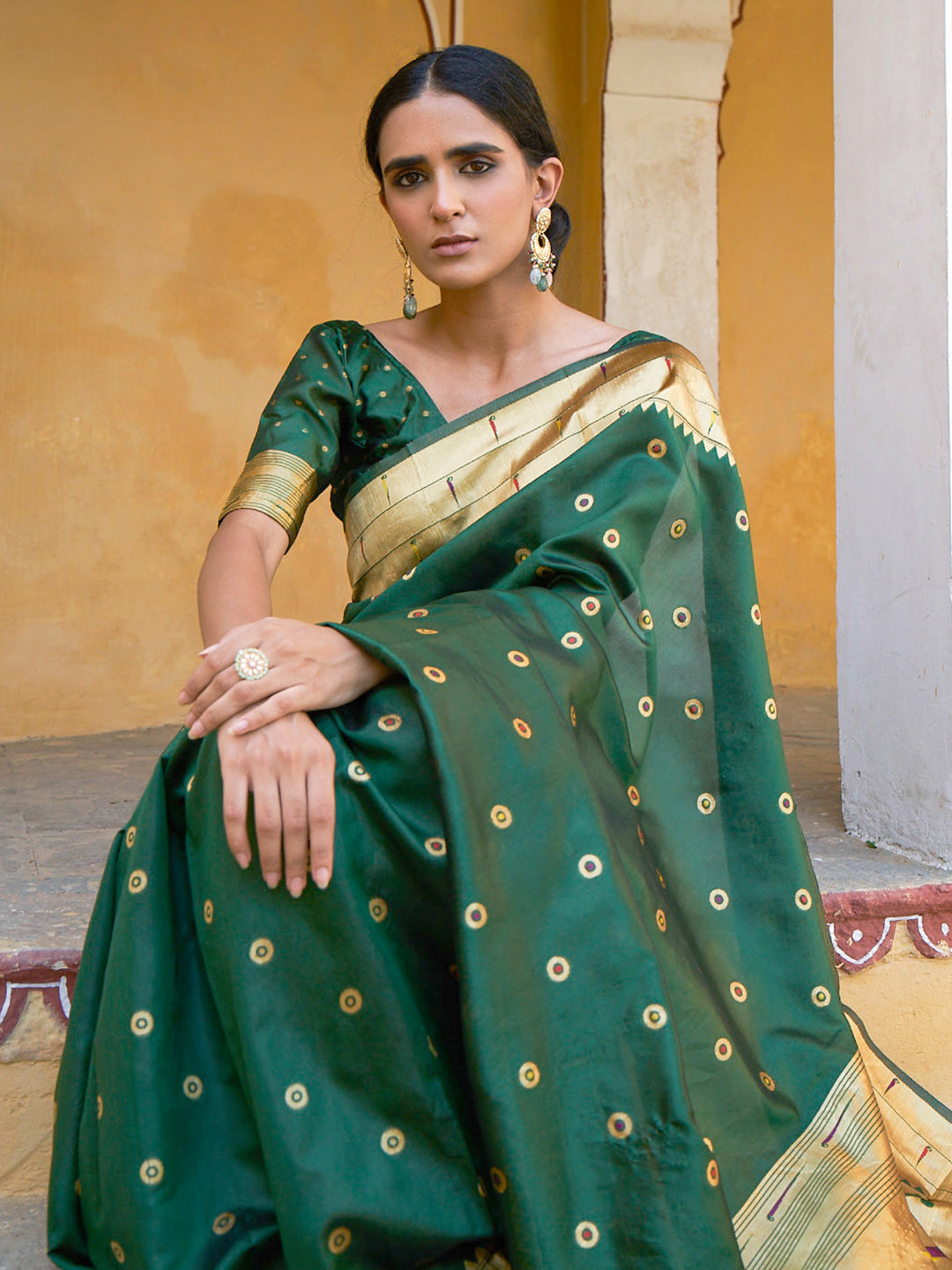 Green Paithani Silk Ethnic Motifs Saree with Unstitched Blouse Piece