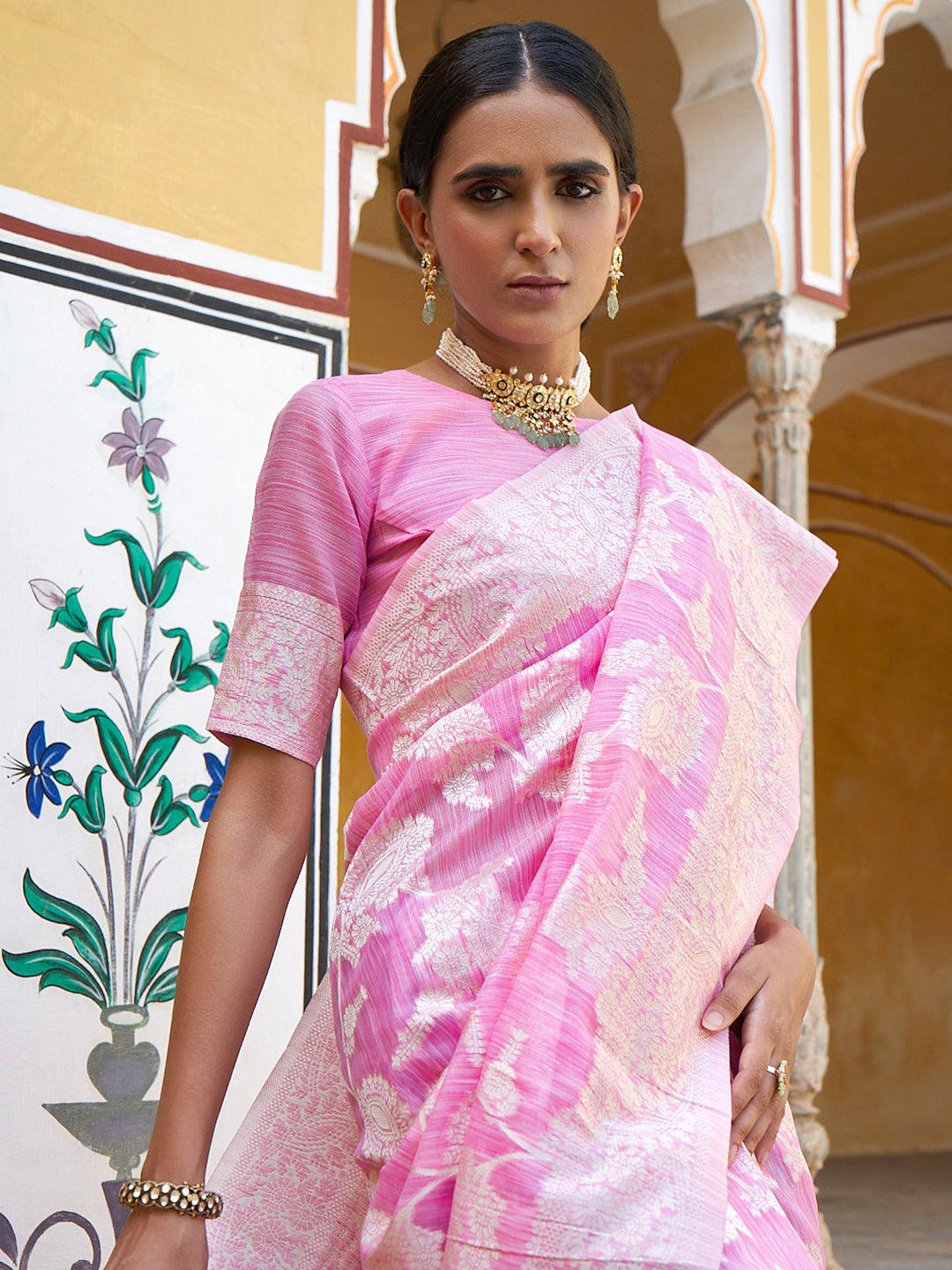 Pink Linen Cotton Woven Ethnic Motifs Saree with Unstitched Blouse Piece