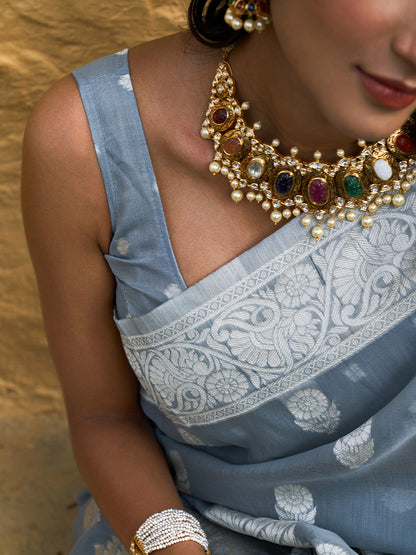 Grey Linen Cotton Woven Floral Design Saree with Unstitched Blouse Piece