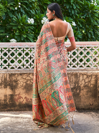 Beige Cotton Silk Pashmina Saree with Unstitched Blouse Piece