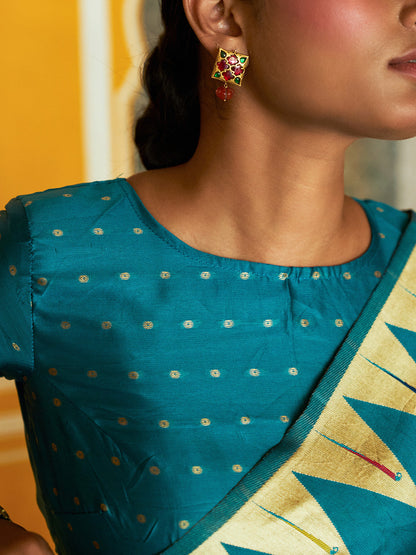 Teal Paithani Silk Ethnic Motifs Saree with Unstitched Blouse Piece