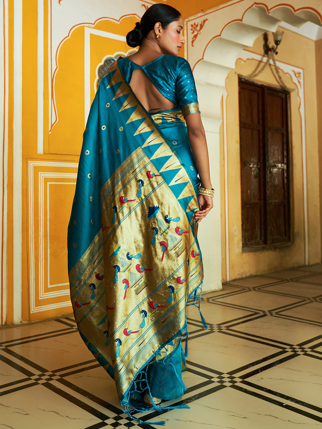Teal Paithani Silk Ethnic Motifs Saree with Unstitched Blouse Piece