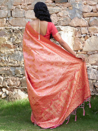 Peach Banarasi Silk Woven Dual Tone Floral Design Saree with Unstitched Blouse Piece