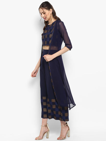 Navy Blue Poly Crepe Gold Print Top with Palazzo and Jacket