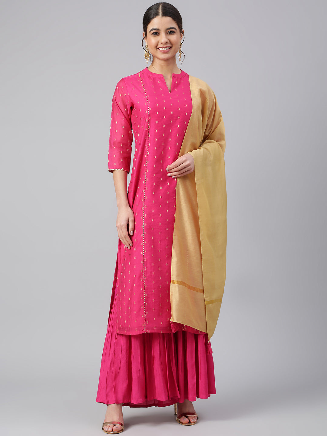 Pink Chanderi Silk Woven Kurta with Sharara and Dupatta
